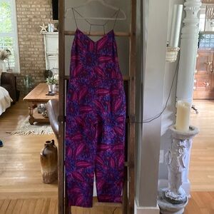 J. CREW SILK FUSCHIA FLORAL SPAGHETTI STRAP JUMPSUIT 4 NEW